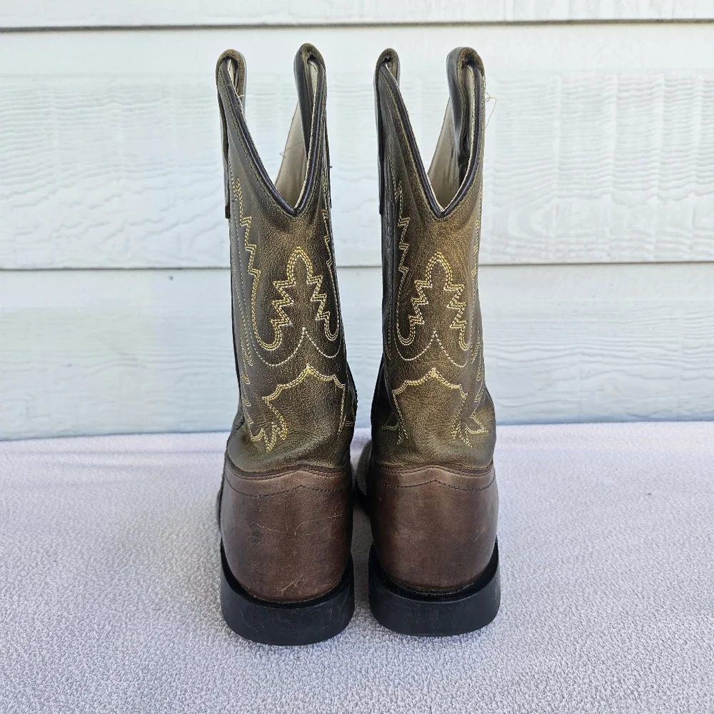 Old West Brown Leather Square Toe Western Cowboy Boot Youth SZ 1.5 Embroidered